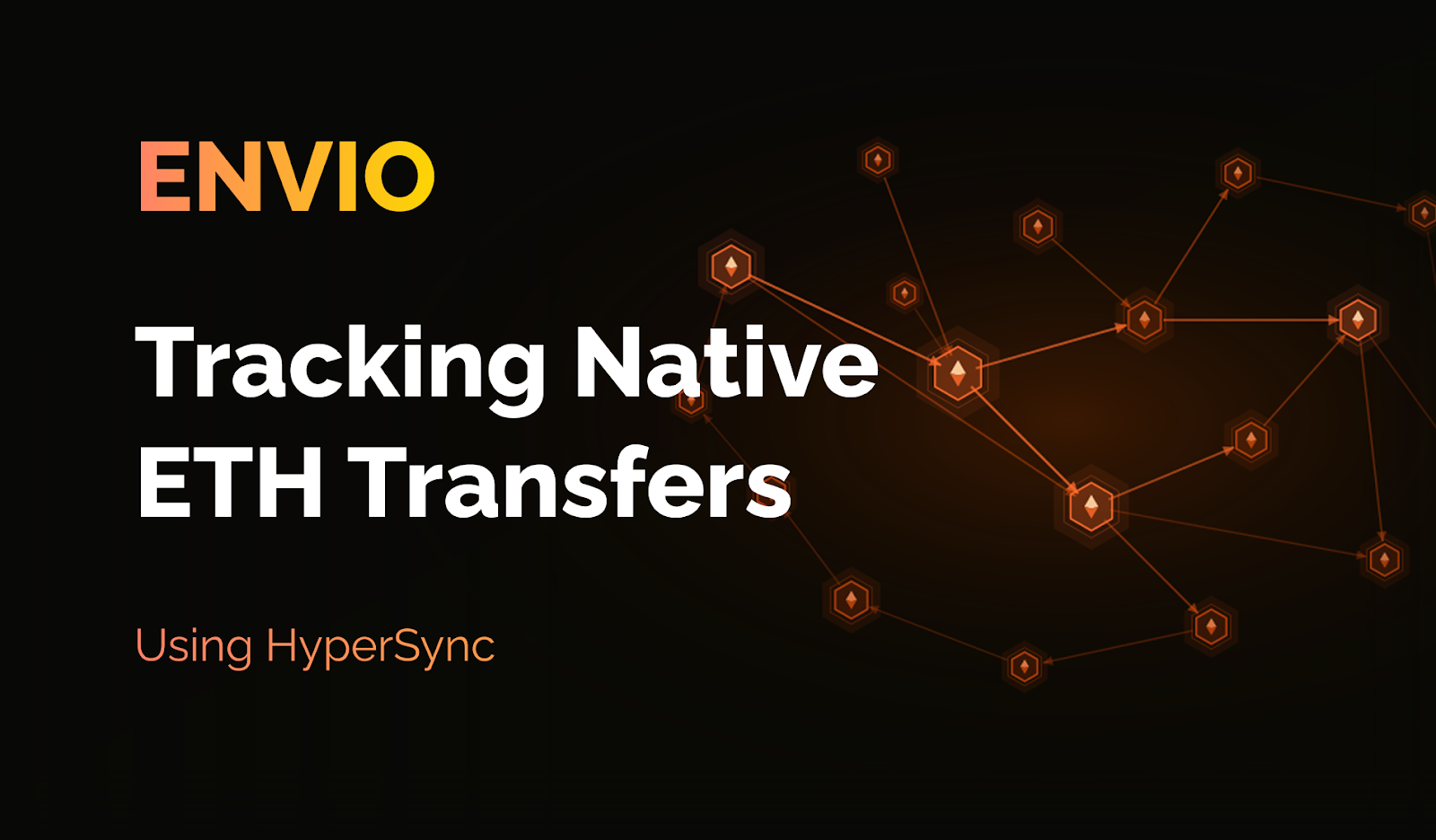 Envio blog cover with title "Tracking Native ETH Transfers Using HyperSync" and a network of linked Ethereum nodes