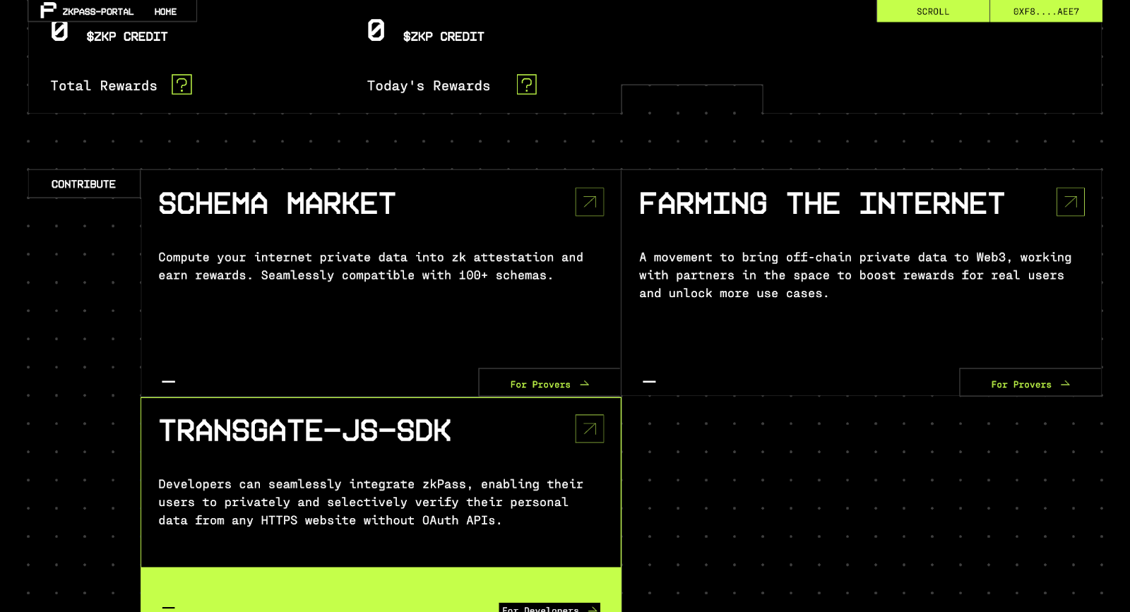 zkPass Portal home with Schema Market, Farming the Internet, and Transgate-JS-SDK product panels